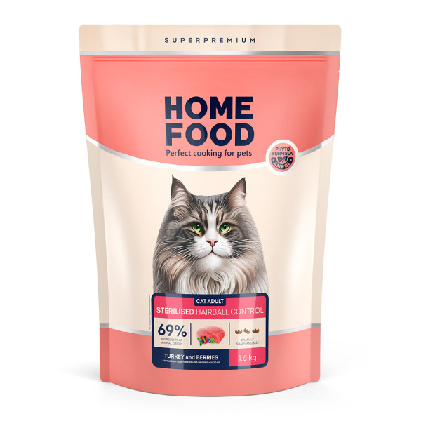 Home Food (Хоум Фуд) Cat Adult для Sterilised Hairball Control Turkey&Berries - Сухий корм для стерилізованих котів з виведенням шерсті індичка та ягоди 1.6 кг