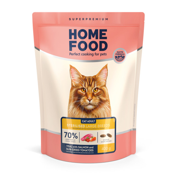 Home Food (Хоум Фуд) Cat Adult for the Support of the Musculoskeletal System of Sterilised Large Breeds Veal&Salmon and Sun-Dried Tomatoes - Сухой корм для стерилизованных котов большихпород с телятиной, лососем и вялеными томатами 400 г