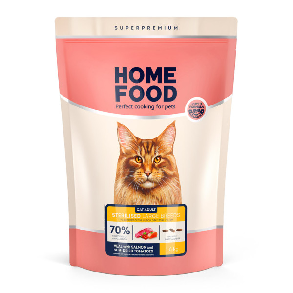 Home Food (Хоум Фуд) Cat Adult for Support of Musculoskeletal System of Sterilised Large Breeds Veal&Salmon and Sun-Dried Tomatoes - Сухий корм для стерилізованих котів великих порід з телятиной, лососем і в\'яленими томатами 1.6 кг