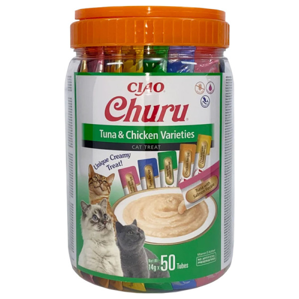 INABA (Инаба) Cat Churu Mousse Tuna&Chicken Varieties - Лакомство для кошек сливочный мусс в стеках разновидности вкусов с тунцем и курицей 700 г