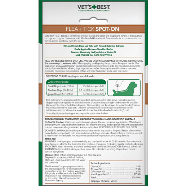 Vet\'s Best Flea + tick Spot-on bottle - Капли от блох и клещей для собак 17,7 мл