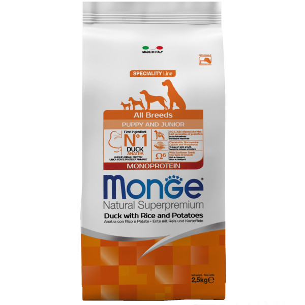 Monge (Монж) Dog Duck, Rice & Potatoes Monoprotein Puppy & Junior All Breeds - Сухой монопротеиновый корм для щенков всех пород с мясом утки, рисом и картошкой 2.5 кг