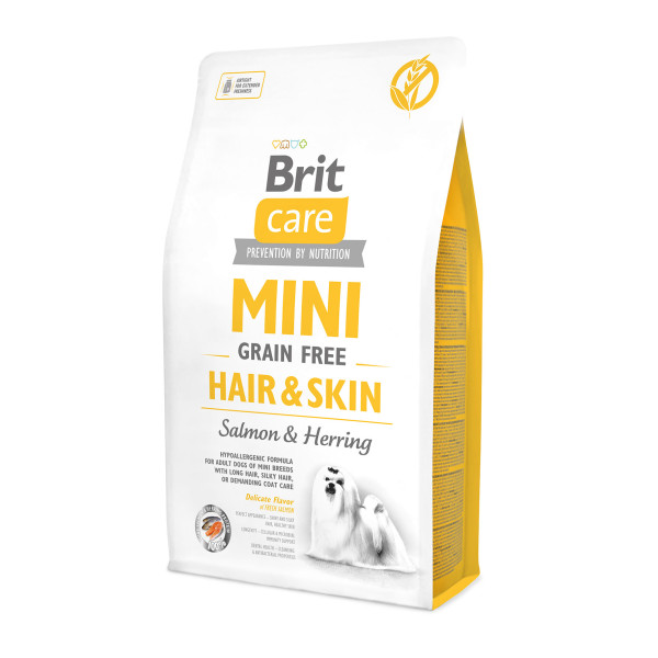 Brit Care (Бріт Кеа) Mini Grain Free Hair & Skin - Сухий беззерновий корм для довгошерстих собак дрібних порід з лососем та оселедцем 2 кг