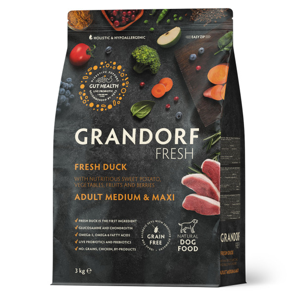 Grandorf (Грандорф) Fresh Duck & Sweet Potato Adult Dog Medium & Maxi - Сухой беззерновой корм для взрослых собак средних и крупных пород с уткой и бататом 3 кг