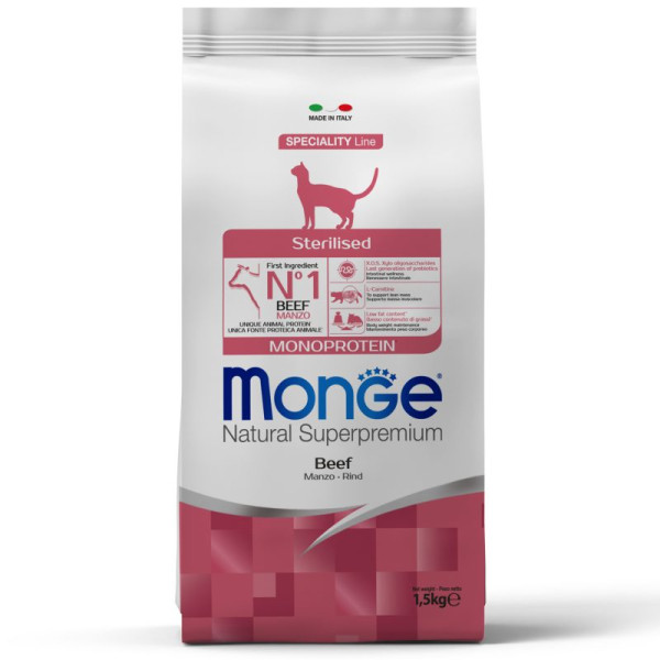 Monge (Монж) Cat Beef Monoprotein Sterilised Adult - Сухой монопротеиновый корм для взрослых стерилизованных котов с мясом говядины 1.5 кг