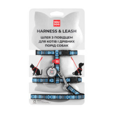 Шлея с поводком для котов, "Етно синій", пласт. фастекс, Ш 10 мм, ОГ 25-40 см, ОШ 20-30 см, XS, WAUDOG Nylon c QR