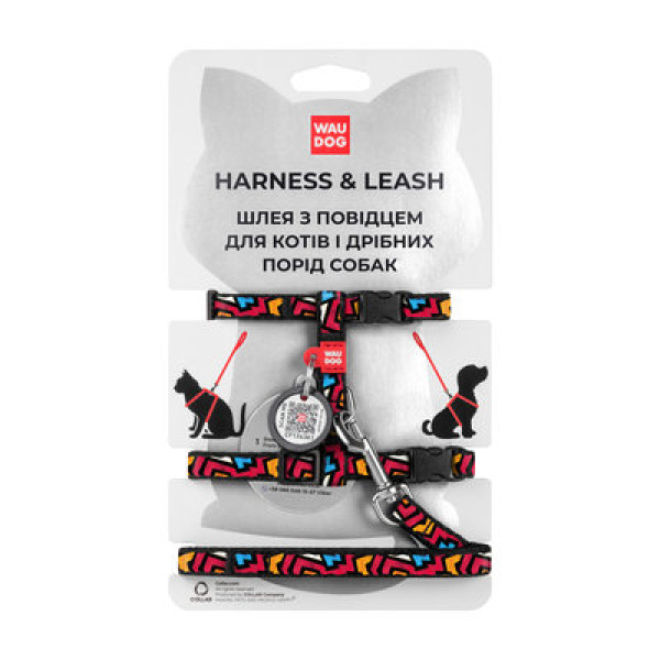 Шлея с поводком для котов, "Графіті", пласт. фастекс, Ш 10 мм, ОГ 25-40 см, ОШ 20-30 см, XS, WAUDOG Nylon c QR