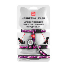 Шлея с поводком для котов, "Рожевий камо", пласт. фастекс, Ш 10 мм, ОГ 25-40 см, ОШ 20-30 см, XS, WAUDOG Nylon c QR