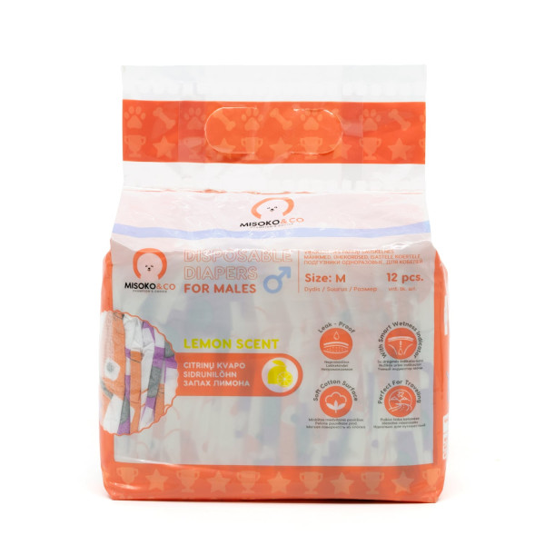 Misoko&Co (Мисоко&Ко) Disposable Diapers For Male Dogs With Moisture Indicator Lemon Scent - Одноразовые подгузники для кобелей средних пород с индикатором влажности и ароматом лимона М 12 шт.