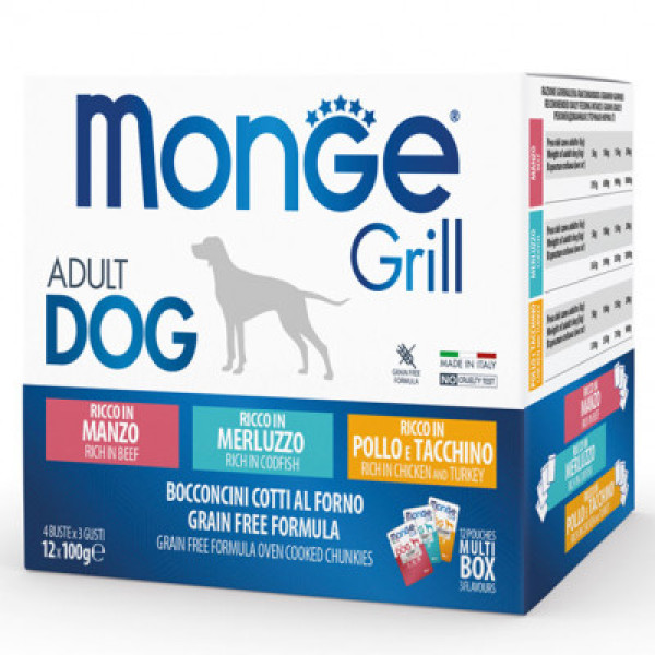 Monge (Монж) Grill Dog Grain Free Beef, Cod, Chicken & Turkey Mix Adult All Breeds - Набор влажного беззернового корма для взрослых собак всех пород с мясом говядины, трески, курицы и индейки 1.2 кг