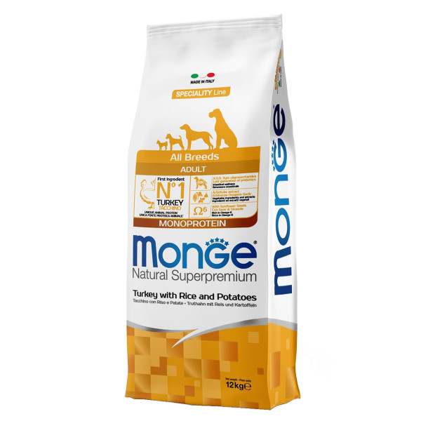 Monge (Монж) Dog Turkey, Rice & Potatoes Monoprotein Adult All Breeds - Сухой монопротеиновый корм для взрослых собак всех пород с мясом индейки, рисом и картошкой 12 кг