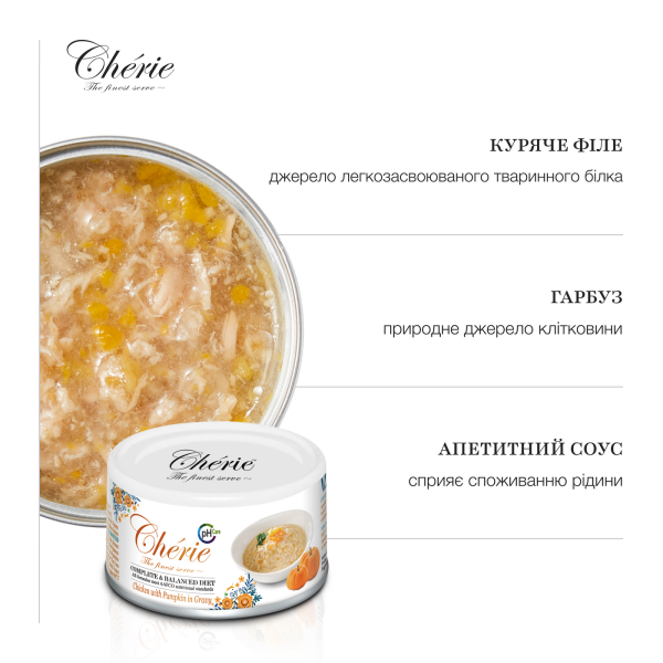 Cherie (Чери) Cat Grain Free Chicken & Pumpkin Urinary Care Adult - Влажный беззерновой корм для взрослых котов для поддержки мочевыводящей системы кусочки в соусе с мясом курицы и тыквой 80 г Cherie (Чери) Cat Grain Free Chicken & Pumpkin Urinary Care Adult - Влажный беззерновой корм для взрослых котов для поддержки мочевыводящей системы кусочки в соусе с мясом курицы и тыквой 80 г