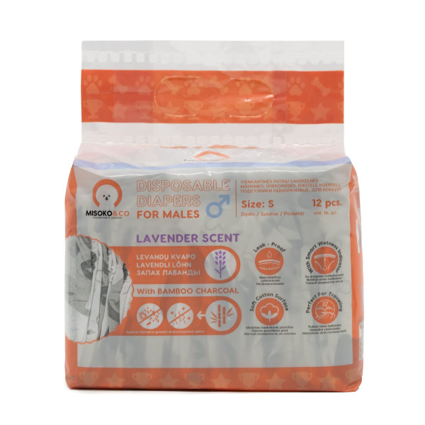 Misoko&Co (Мисоко&Ко) Disposable Diapers For Male Dogs With Charcoal Moisture Indicator Lavender Scent - Одноразовые подгузники для кобелей мелких пород с углем, индикатором влажности и ароматом лаванды S 12 шт.