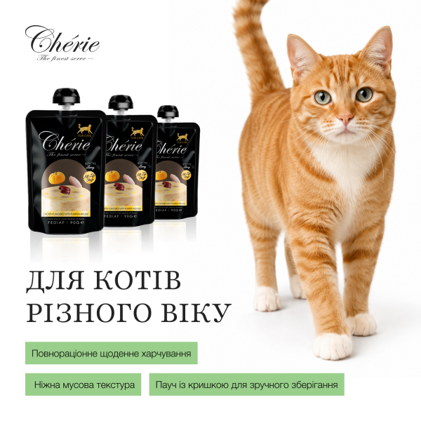 Cherie (Чери) Cat Grain Free Chicken & Pumpkin Mousse All Life Stages - Влажный беззерновой корм для котов всех возрастов мусс с мясом курицы и тыквой 90 г Cherie (Чери) Cat Grain Free Chicken & Pumpkin Mousse All Life Stages - Влажный беззерновой корм для котов всех возрастов мусс с мясом курицы и тыквой 90 г