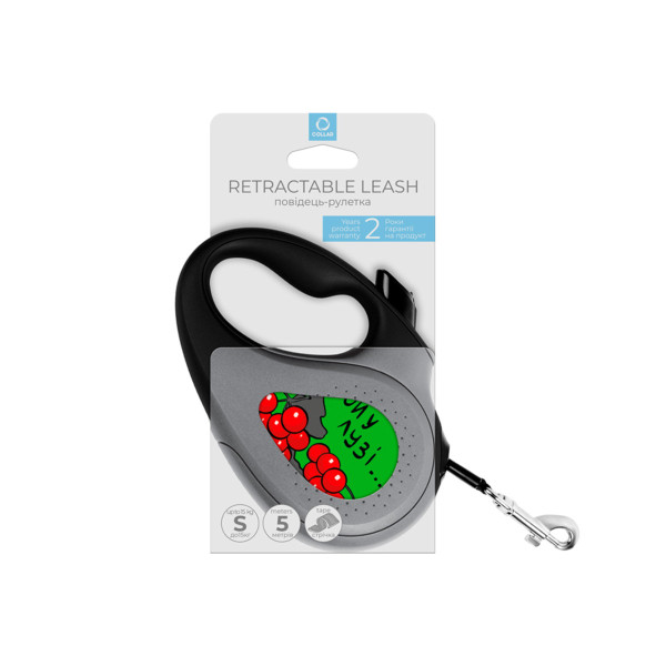 WauDog (ВауДог) Re-Leash "Калина" - Поводок-рулетка для собак черная со светоотражающей лентой (В 15 кг, Дл 5 м) размер S