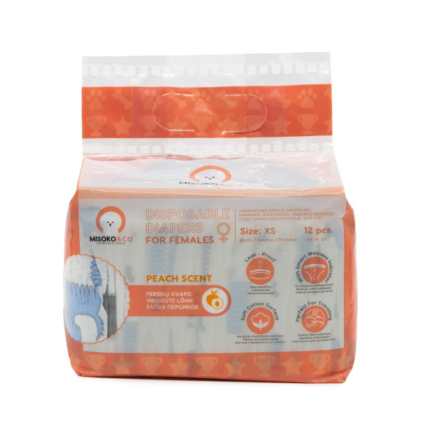Misoko&Co (Мисоко&Ко) Disposable Diapers For Female Dogs With Moisture Indicator Peach Scent & Puppy Print - Одноразовые подгузники для собак-сук миниатюрных пород с индикатором влажности и ароматом персика с изображением щенков XS 12 шт.