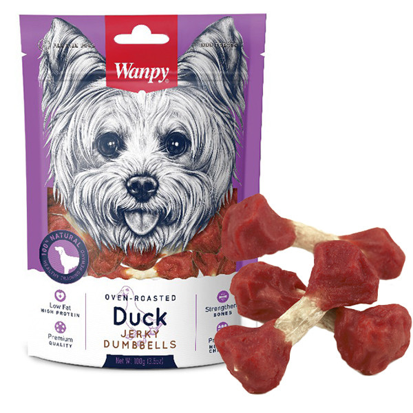 Wanpy (Ванпи) Duck Jerky Dumbbells Dog - Лакомство для собак, кость-гантель с вяленой уткой 100 г