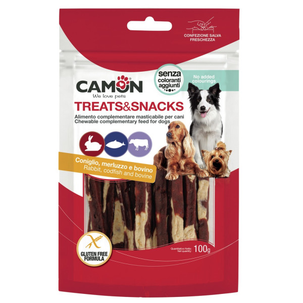 Camon (Камон) Dog Treats Strips With Rabbit, Cod&Beef Skin - Лакомство для собак срипсы с кроликом, треской и говяжьей кожей 100 г