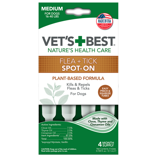 Vet's Best Flea +Tick Spot On Tubes Medium - Капли от блох и клещей для собак средних пород от 7-18 кг 4 шт.
