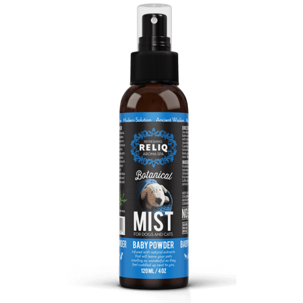 RELIQ Botanical Mist-Baby Powder - Спрей-одеколон с ароматом детской присыпки для ухода и увлажнения шерсти собак и кошек 120 мл