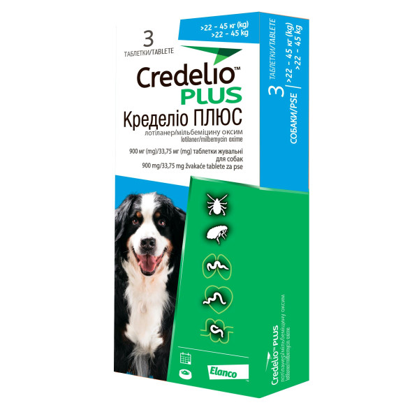 Credelio Plus (Кределио Плюс) - Таблетки от блох, клещей и глистов для собак весом от 22 до 45 кг