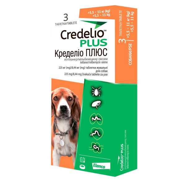 Credelio Plus (Кределио Плюс) - Таблетки от блох, клещей и глистов для собак весом от 5.5 до 11 кг