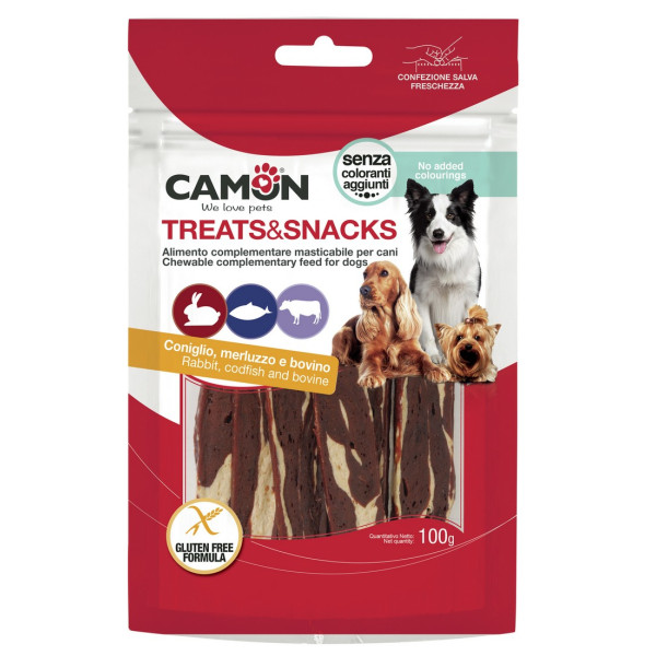 Camon (Камон) Dog Treats Jerky With Rabbit, Cod&Beef Skin - Лакомство для собак джерки с кроликом, треской и говяжьей кожей 100 г