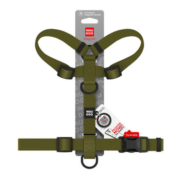 WauDog (ВауДог) Magnet - Шлея для собак анатомическая водостойкая с магнитной пряжкой хаки (Ш 25 мм, А 50-85 см, В 61-100 см) L