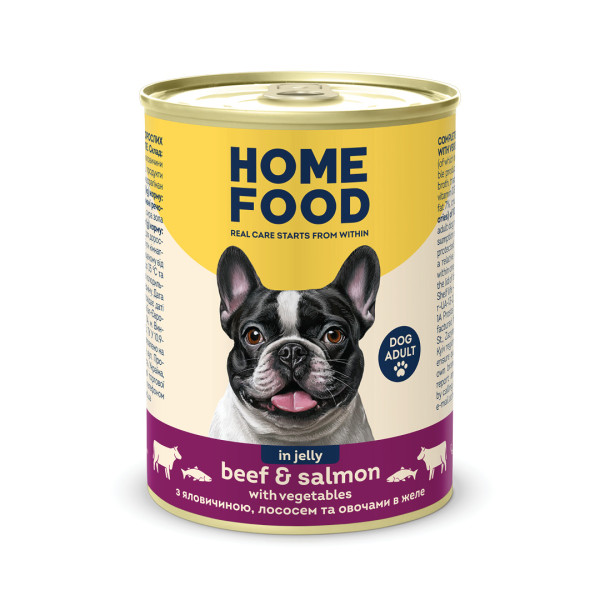 Home Food (Хоум Фуд) Dog Grain Free Beef & Salmon With Vegetables Adult - Влажный беззерновой корм для взрослых собак всех пород кусочки в желе с мясом говядины, лосося и овощами 360 г