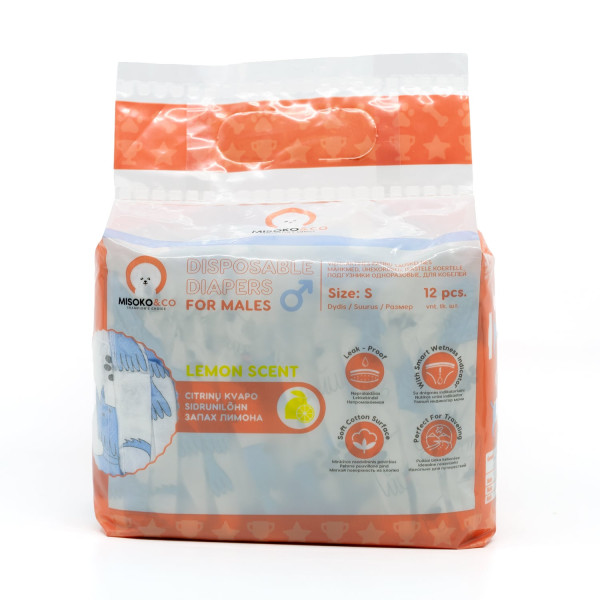 Misoko&Co (Мисоко&Ко) Disposable Diapers For Male Dogs With Moisture Indicator Lemon Scent & Puppy Print - Одноразовые подгузники для кобелей малых пород с индикатором влажности и ароматом лимона с изображением щенков S 12 шт.