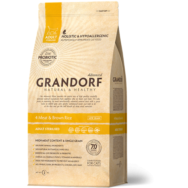 Grandorf (Грандорф) Living Probiotics 4 Meat & Brown Rice Adult Sterilized - Сухой гипоаллергенный корм для стерилизованых котов с пробиотиками 4 мяса 0.4 кг
