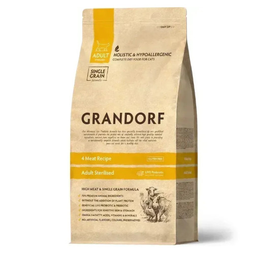 Grandorf (Грандорф) Living Probiotics 4 Meat Sterilized Adult - Сухий гіпоалергенний корм для дорослих стерилізованих котів з чутливим травленням з 4 видами м’яса 2 кг