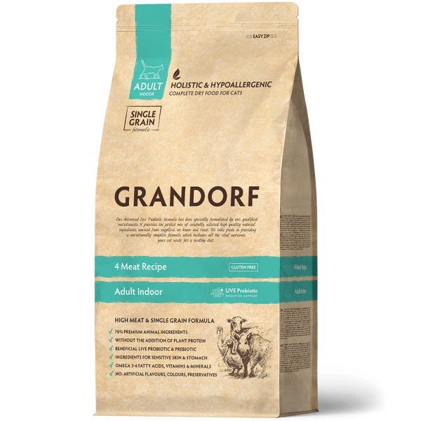 Grandorf (Грандорф) Living Probiotics 4 Meat & Brown Rice Indoor - Сухой гипоаллергенный корм для котов с пробиотиками 4 мяса 2 кг