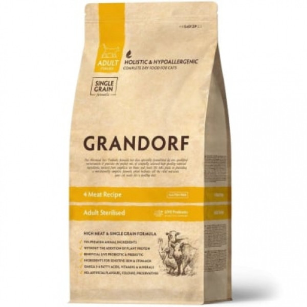 Grandorf (Грандорф) Living Probiotics 4 Meat & Brown Rice Adult Sterilized - Сухой гипоаллергенный корм для стерилизованых котов с пробиотиками 4 мяса 8 кг