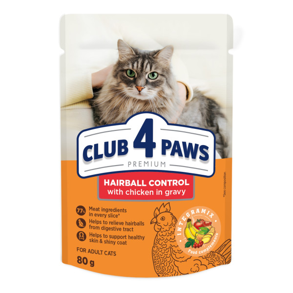 Club 4 Paws (Клуб 4 Лапы) Cat Premium Hairball - Влажный корм для кошек для вывода шерсти с курицей в соусе 80 г