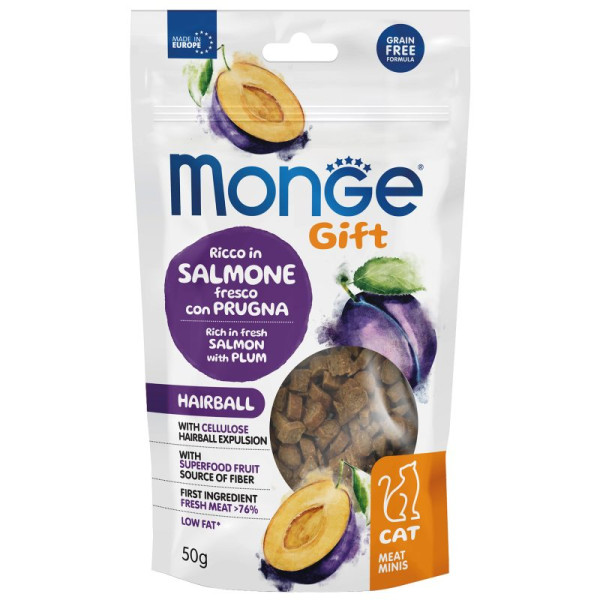 Monge (Монж) Gift Cat Grain Free Salmon & Plum Hairball Adult - Лакомство беззерновое для взрослых котов для выведения шерсти с мясом лосося и сливой 50 г