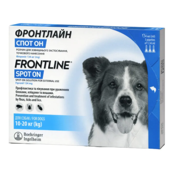 Frontline Spot-On M - Капли на холку от блох, от иксодовых клещей, от чесоточных клещей и насекомых для собак весом 10-20 кг