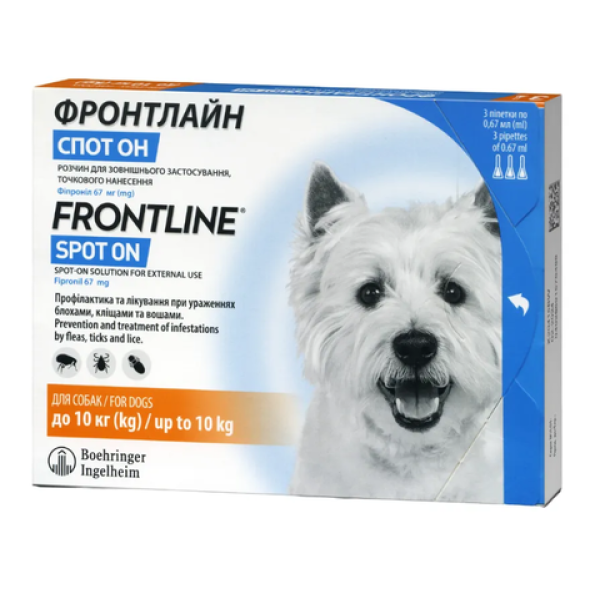 Frontline Spot-On S - Капли на холку от блох, от иксодовых клещей, от чесоточных клещей и насекомых для собак весом 2-10 кг