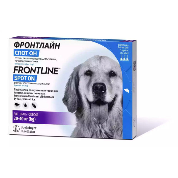 Frontline Spot-On L - Капли на холку от блох, от иксодовых клещей, от чесоточных клещей и насекомых для собак весом 20-40 кг