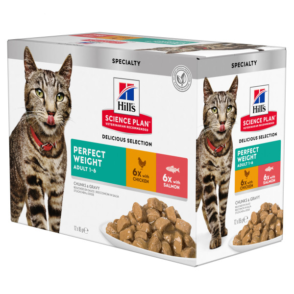 HILL'S (Хилс) SP Cat Adult Perfect Weight MIX (6+6) - Влажный корм для кошек для поддержания оптимального веса с курицей и лососем в соусе 12 шт.