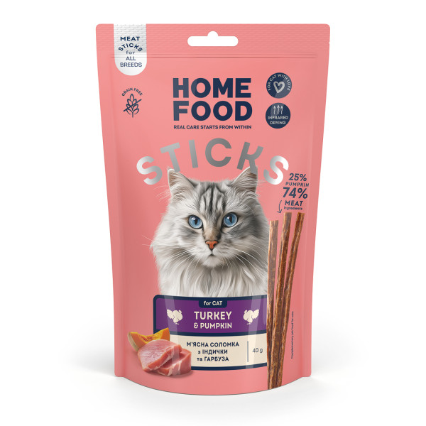 Home Food (Хоум Фуд) Cat Grain Free Turkey & Pumpkin Meat Strips All Life Stages - Лакомство беззерновое для котов всех возрастов мясная соломка с мясом индейки и тыквой 40 г