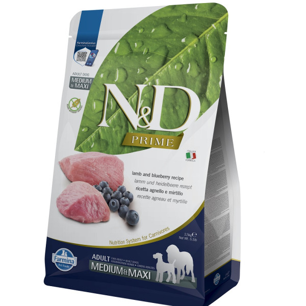 Farmina (Фармина) Dog N&D Prime Grain Free Lamb & Blueberry Adult Medium & Maxi - Сухой беззерновой корм для взрослых собак средних и больших пород с мясом ягнёнка и черникой 2.5 кг