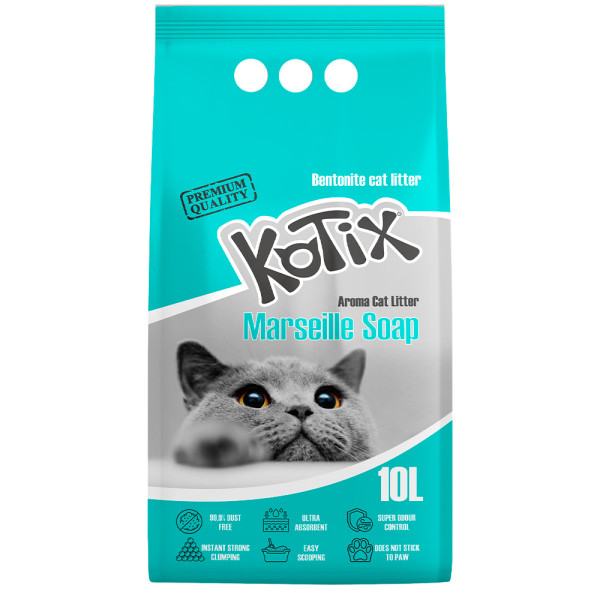 Kotix (Котикс) Bentonite Marseille Soap - Бентонитовый наполнитель для кошачьего туалета с ароматом марсельского мыла 10 л