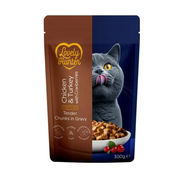 Lovely Hunter (Лавли Хантер) Cat Sterilised Adult Pouches Chicken & Turkey With Cranberry - Влажный корм для взрослых стерилизованных котов с мясом курицы и индейки с клюквой 300 г