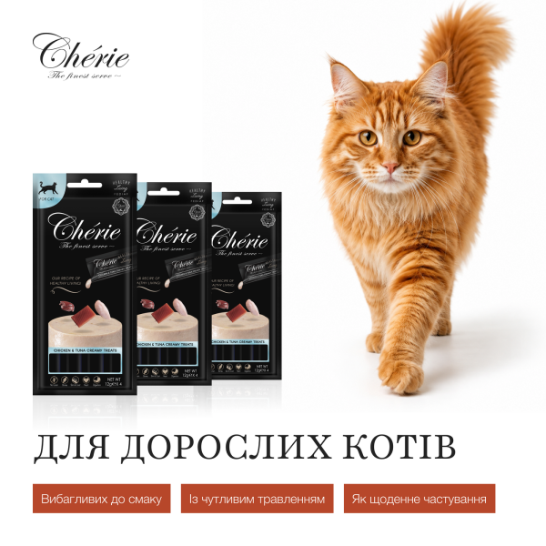 Cherie (Чери) Cat Grain Free Chicken & Tuna Creamy Treat Adult - Лакомство беззерновое для взрослых котов кремовое пюре с мясом курицы и тунца 4 шт. по 12 г Cherie (Чери) Cat Grain Free Chicken & Tuna Creamy Treat Adult - Лакомство беззерновое для взрослых котов кремовое пюре с мясом курицы и тунца 4 шт. по 12 г