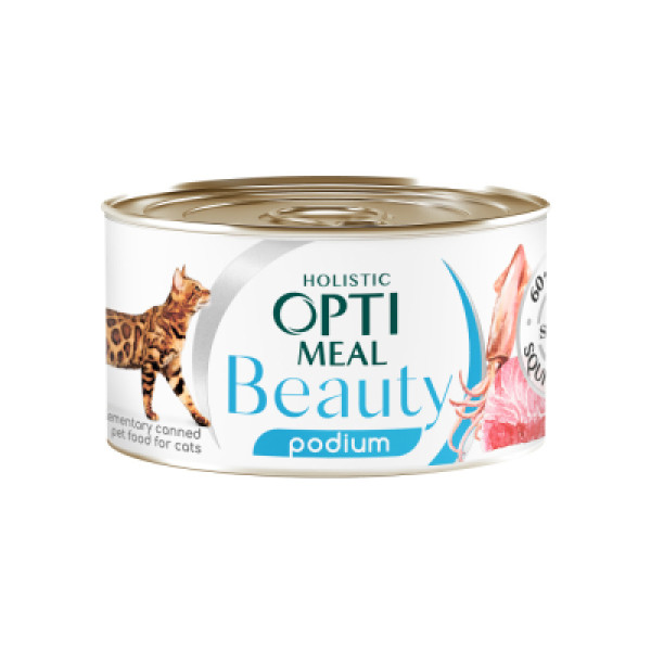 Optimeal (Оптимил) Cat Beauty for Coat&Teeth - Влажный корм для кошек с полосатым тунцем и кольцами кальмаров в соусе по уходу за шерстью и зубами 85 г