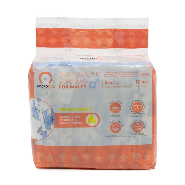 Misoko&Co (Мисоко&Ко) Disposable Diapers For Male Dogs With Moisture Indicator Lemon Scent & Puppy Print - Одноразовые подгузники для кобелей больших пород с индикатором влажности и ароматом лимона с изображением щенков L 12 шт.