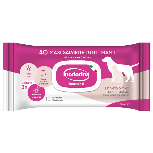 Inodorina (Инодорина) Functional Estratto Di Timo Olio Di Argan - Влажные салфетки для собак и кошек с экстрактом тимьяна аргановым маслом и молочно-ванильным ароматом 40 шт