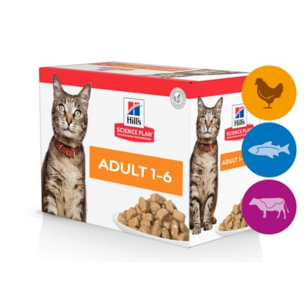 HILL'S (Хилс) SP Cat Adult MIX (4+4+4) - Влажный корм для кошек с курицей, рыбой и говядиной в соусе 12 шт.