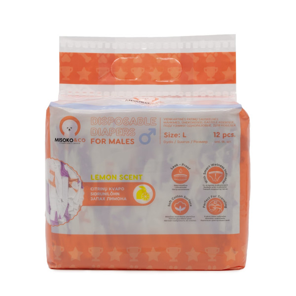Misoko&Co (Мисоко&Ко) Disposable Diapers For Male Dogs With Moisture Indicator Lemon Scent - Одноразовые подгузники для кобелей больших пород с индикатором влажности и ароматом лимона L 12 шт.